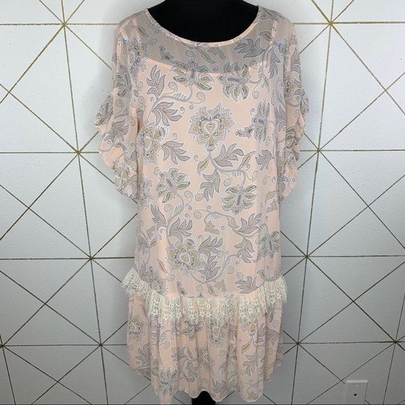 Loft Floral Drop Waist Ruffled Sleeve Shift Dress Size Small